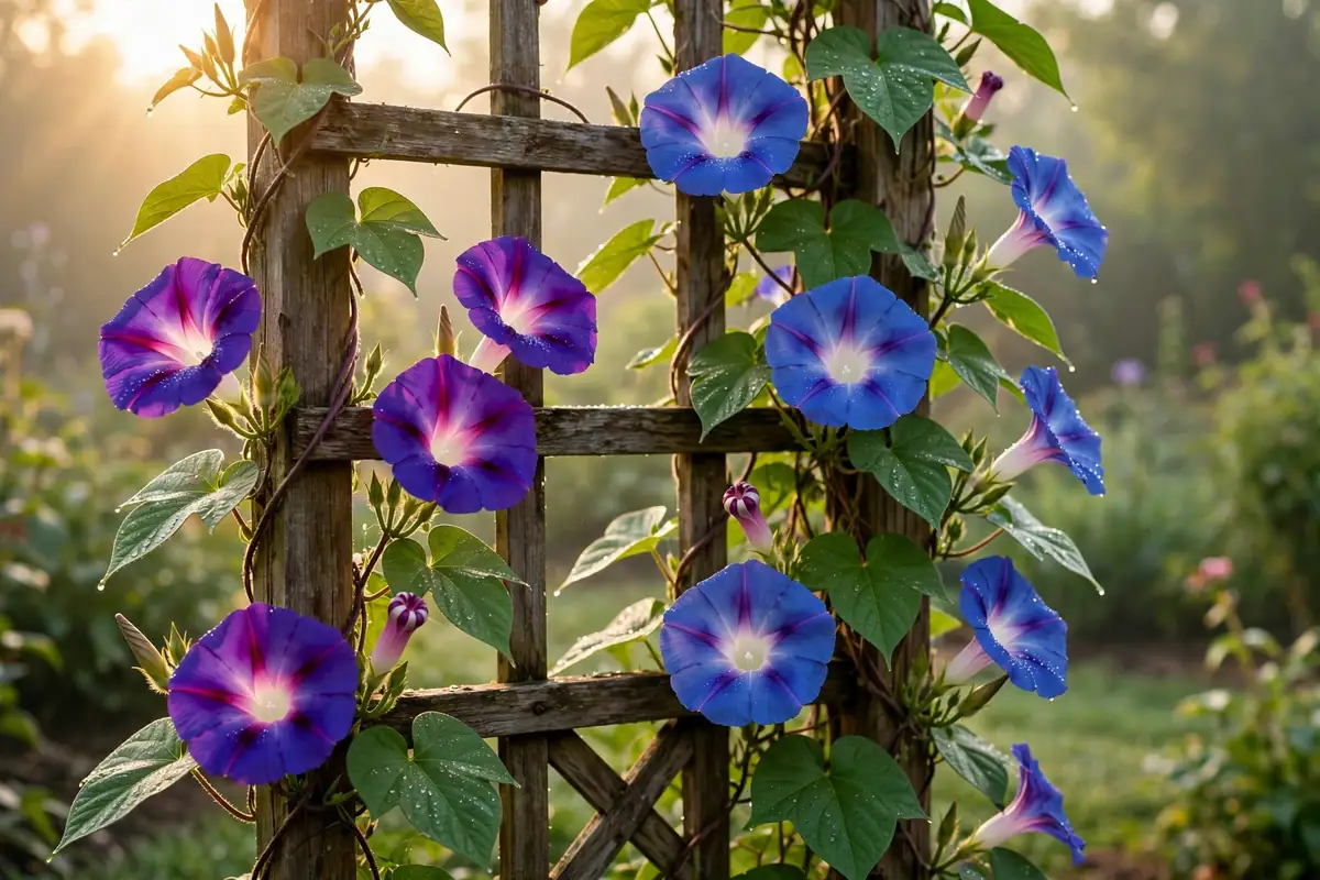 Purple morning glory flowers climbing a trellis, popular climbing flowers that start with M