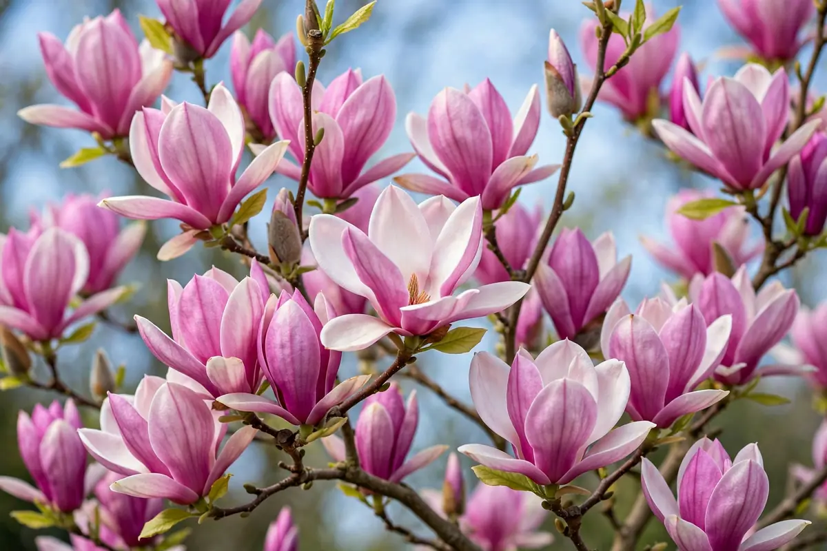 Pink saucer magnolia blossoms on a tree branch in spring, elegant tree flowers that start with M