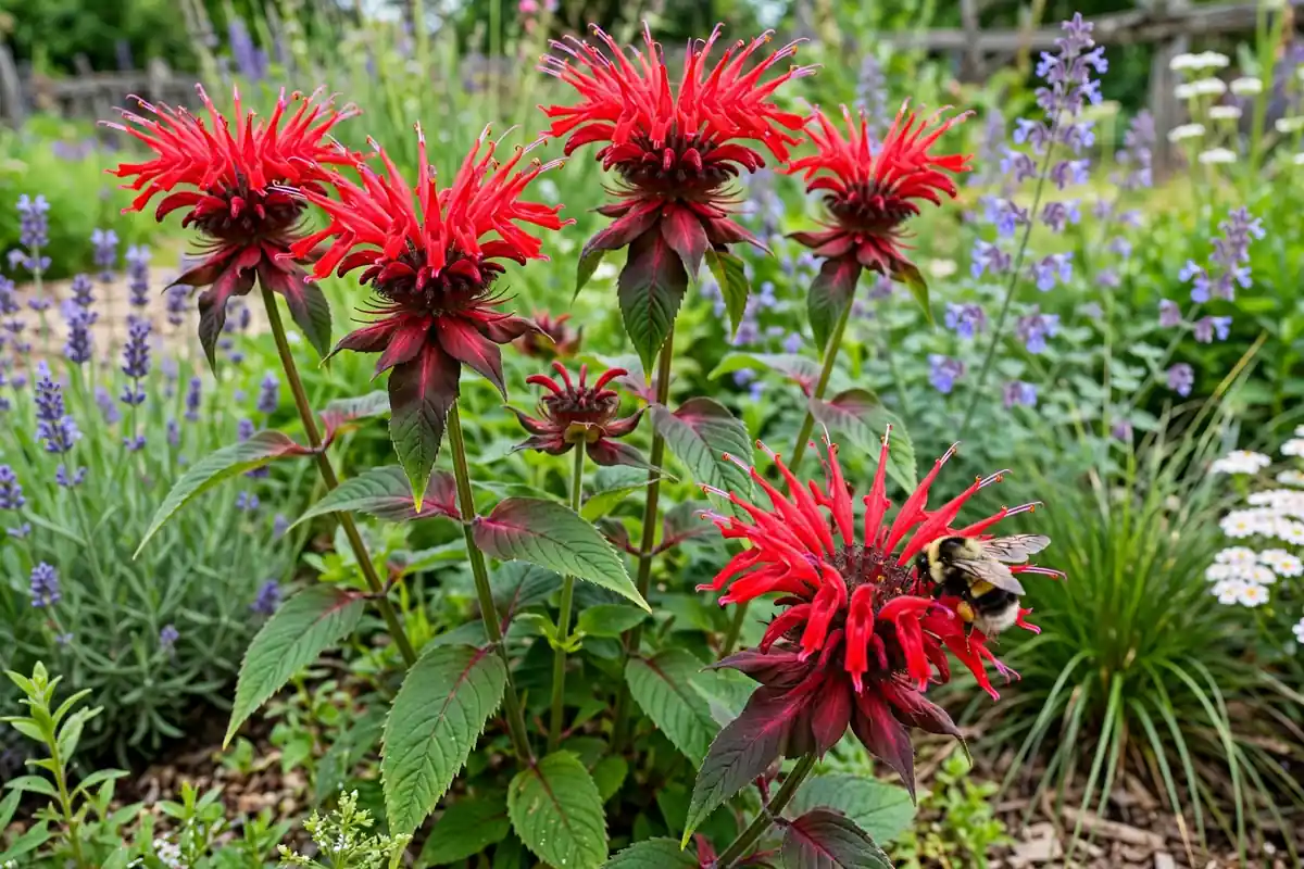 Red bee balm flowers with a bumblebee, pollinator-friendly perennial flowers that start with M