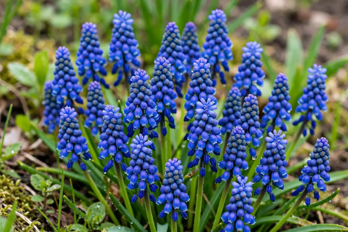 Blue grape hyacinth flower spikes in spring, beloved bulb flowers that start with M