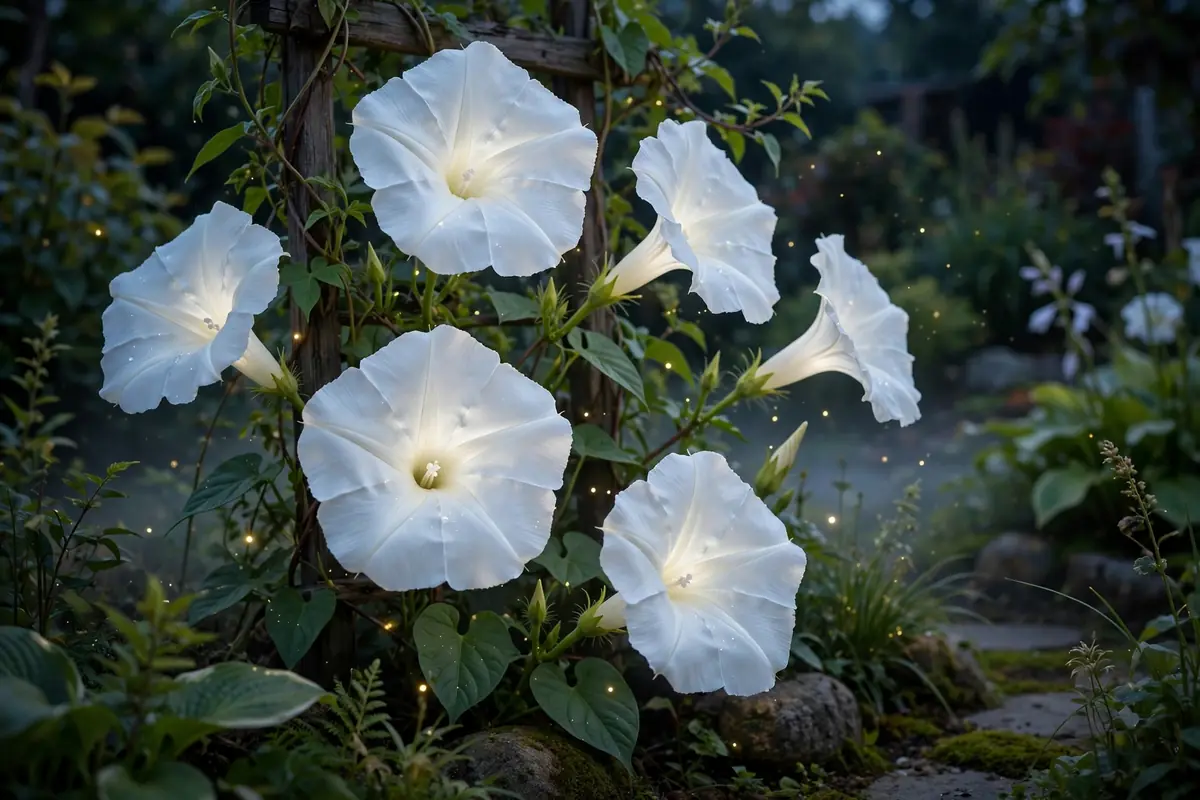 White moonflowers glowing at dusk, night-blooming vine flowers that start with M