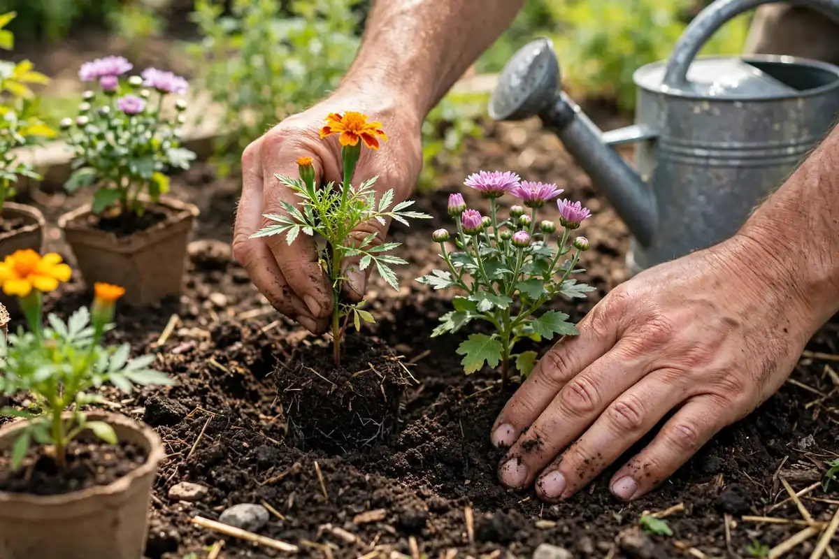 Hands planting marigold and mum seedlings in garden soil, growing tips for M-flowers