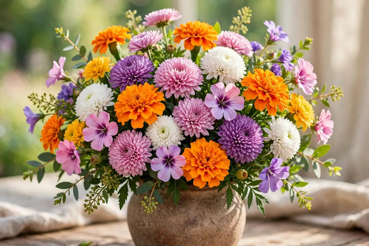 Colorful bouquet of marigolds, mums and mallows, cut flowers that start with M