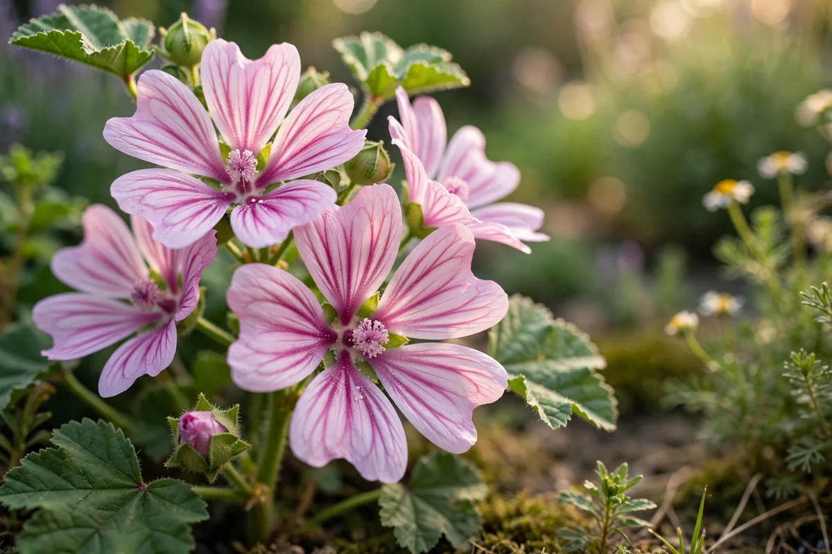 Pink common mallow flowers close-up, cottage garden flowers that start with M