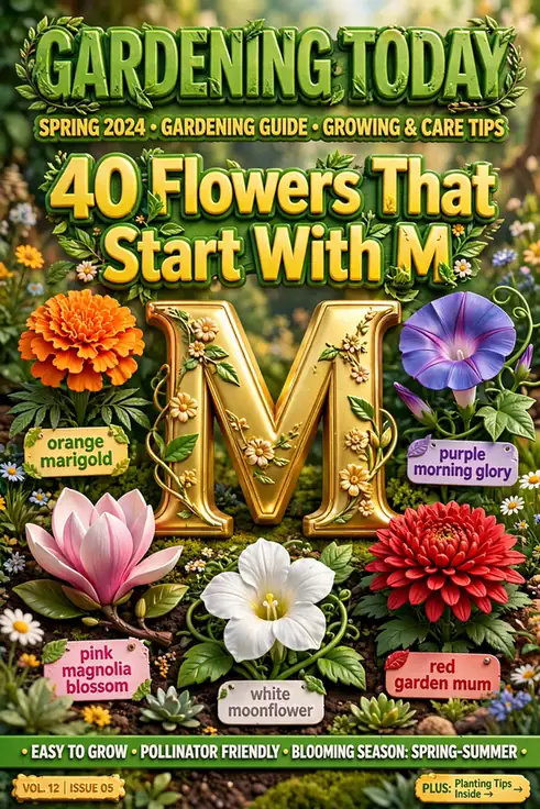 Collage of flowers that start with M: marigold, morning glory, magnolia, garden mum and moonflower, with bold 3D title text