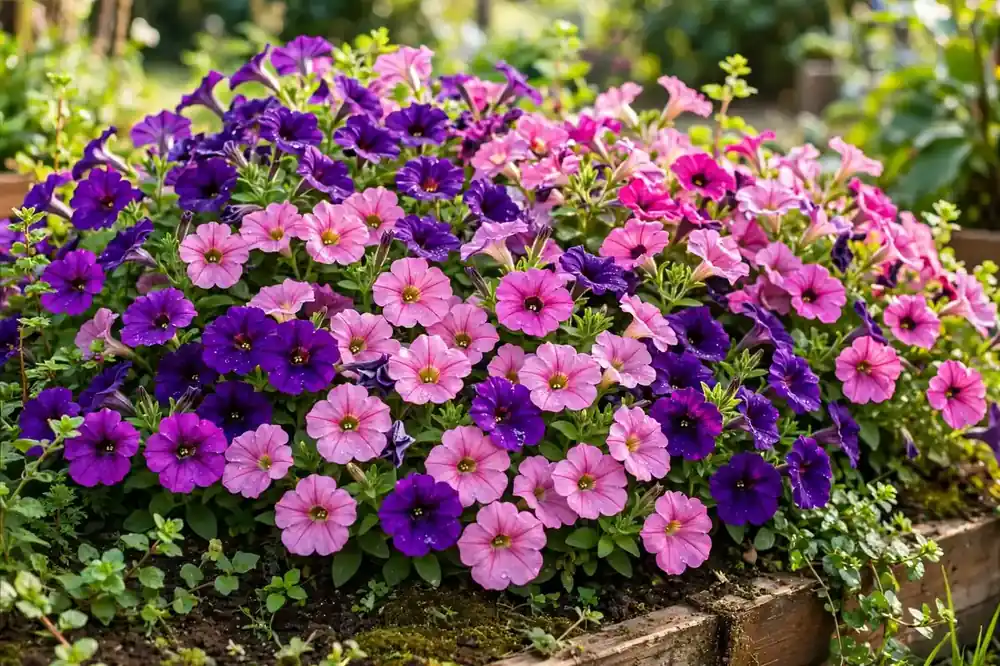 Purple petunias blooming in a summer flower bed, classic flowers that start with P