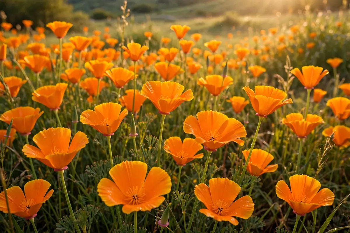 Bright orange California poppies, cheerful native flowers that start with P