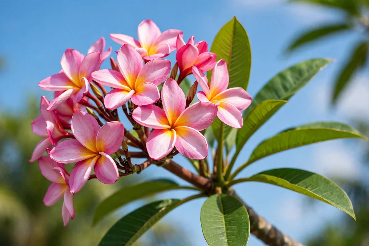 Fragrant pink plumeria blossoms, tropical flowers that start with P