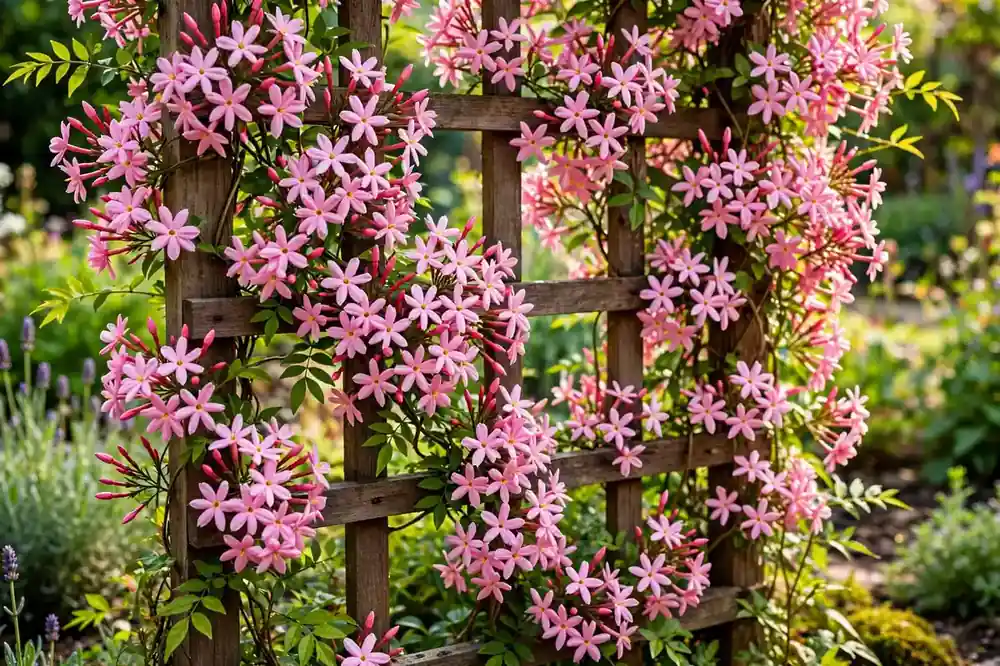 Pink jasmine vine in bloom, fragrant climbing flowers that start with P