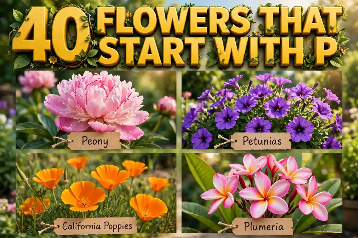 Colorful collage of flowers that start with P: peony, petunia, poppy, and plumeria