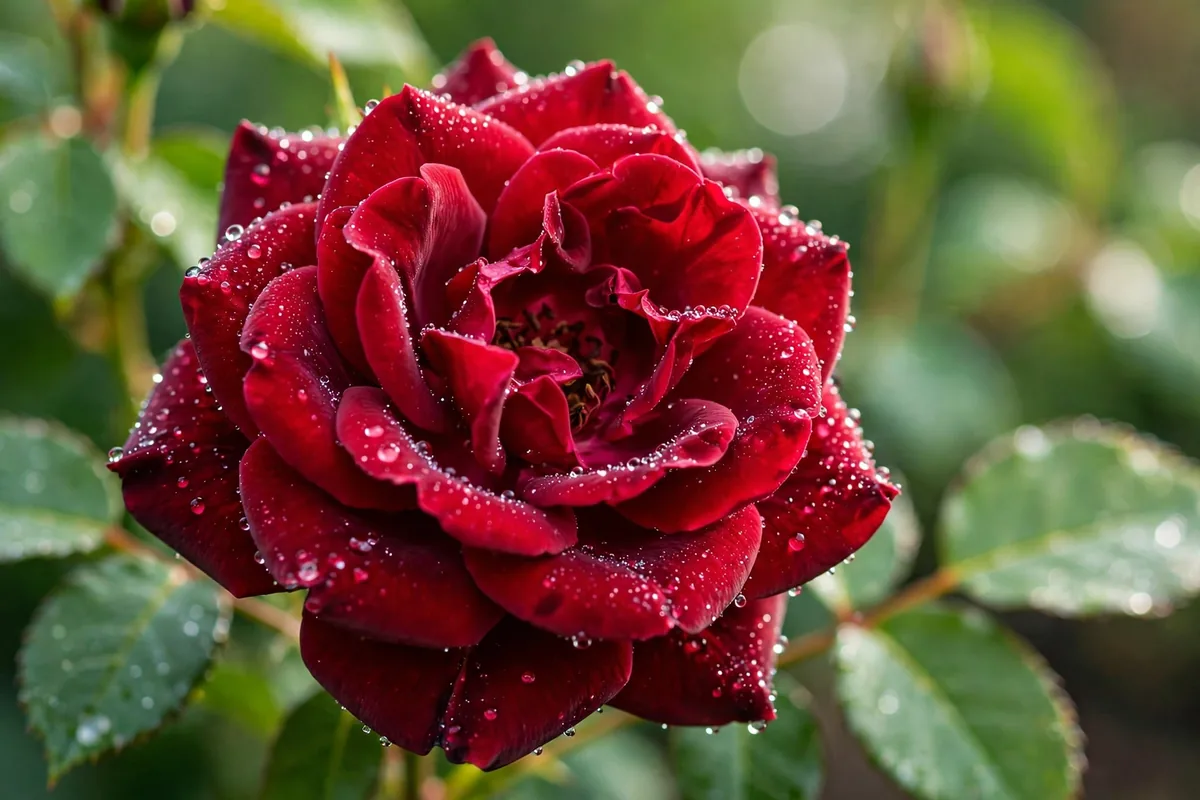 Deep-red rose bloom with morning dew, the most famous of the flowers that start with R