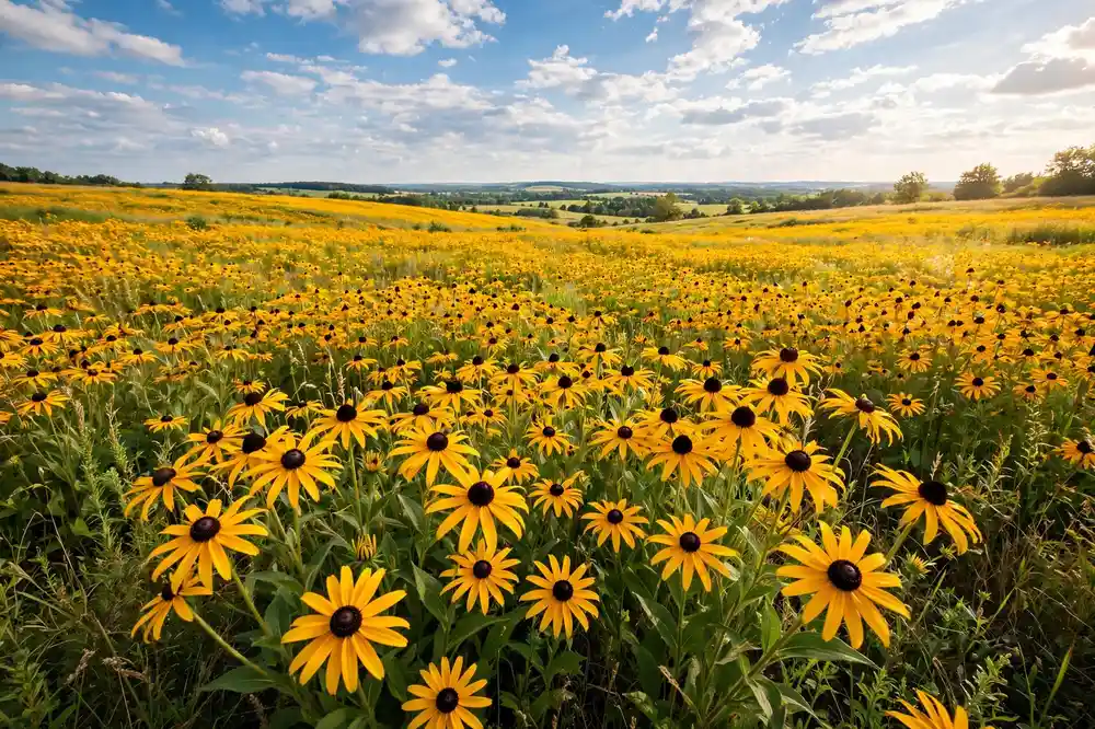 Field of golden black-eyed Susan flowers, cheerful summer flowers that start with R