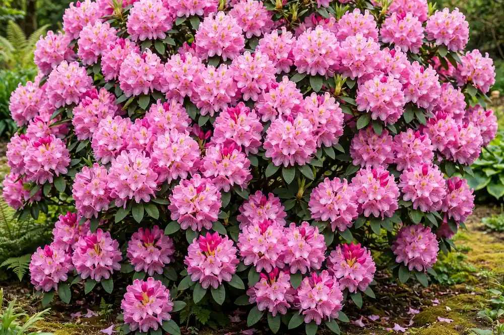 Pink rhododendron shrub in full spring bloom, a beloved shrub flower that starts with R