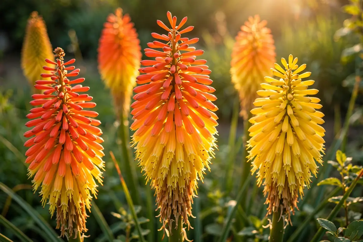 Orange red hot poker flower spikes glowing in the sun, dramatic summer flowers that start with R