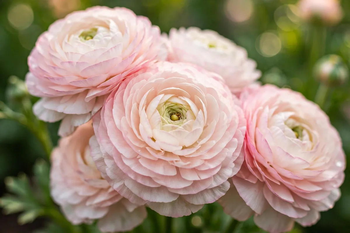 Creamy pink ranunculus flowers with layered petals, romantic spring flowers that start with R