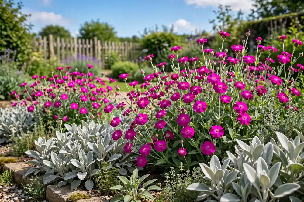 Drift of magenta rose campion flowers in a cottage garden, vivid summer flowers that start with R