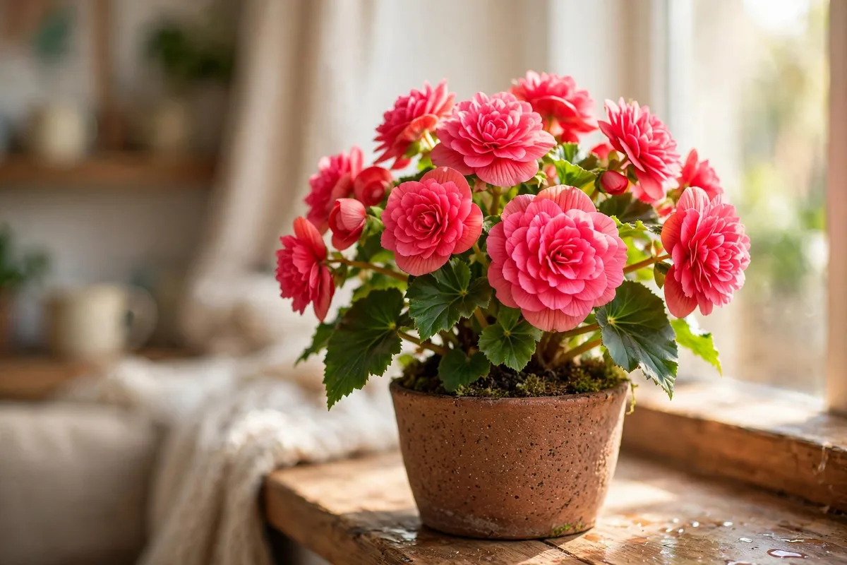 Potted pink rieger begonia on a sunny windowsill, indoor flowers that start with R