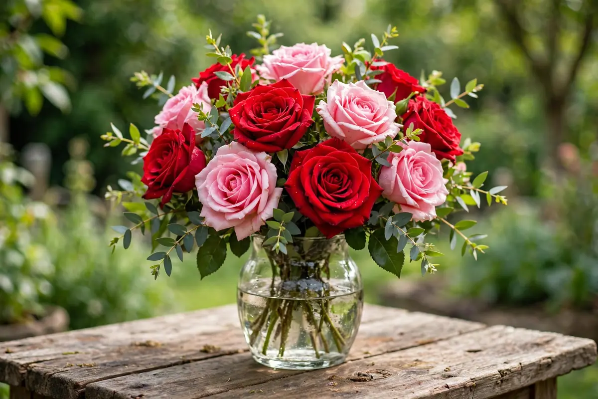 Bouquet of red and pink roses in a vase, classic cut flowers that start with R