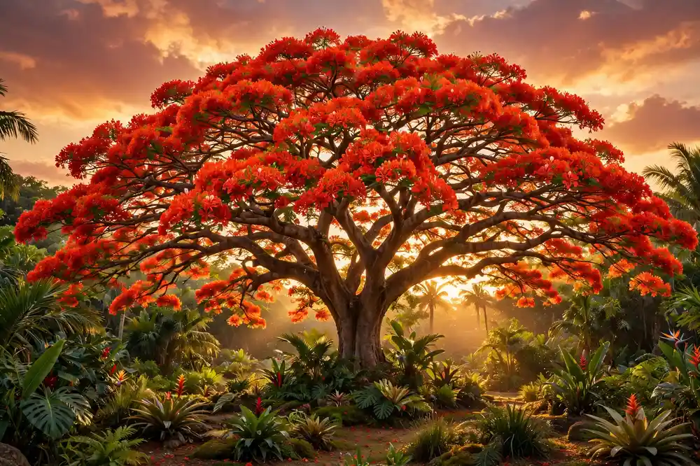 Royal poinciana tree with red-orange flowers glowing at dusk, tropical flowers that start with R