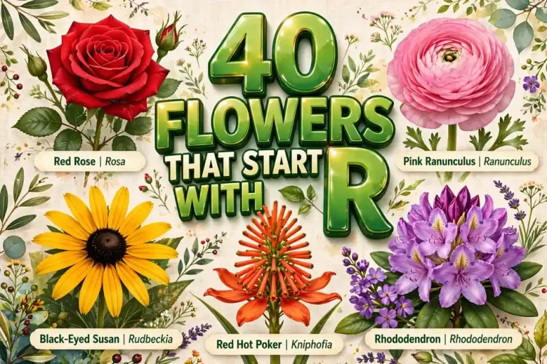 Colorful collage of flowers that start with R: red rose, pink ranunculus, black-eyed Susan, red hot poker and purple rhododendron