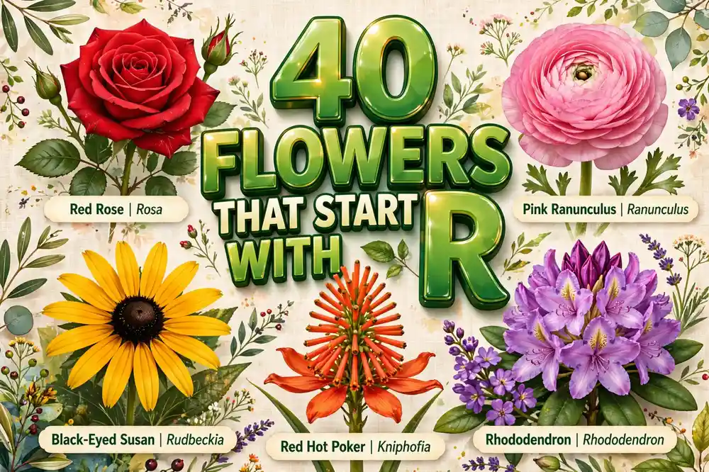 Colorful collage of flowers that start with R: red rose, pink ranunculus, black-eyed Susan, red hot poker and purple rhododendron
