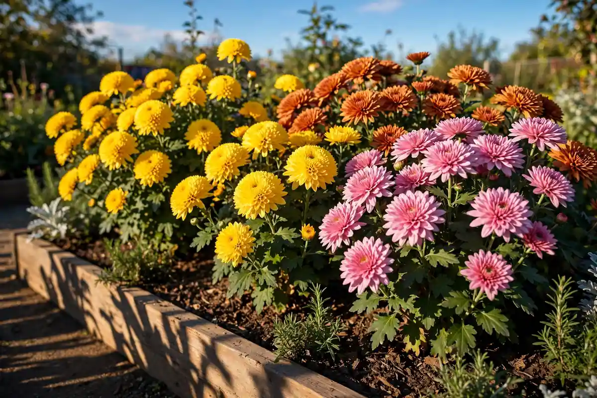 Garden bed of colorful chrysanthemum mums basking in bright afternoon sunshine