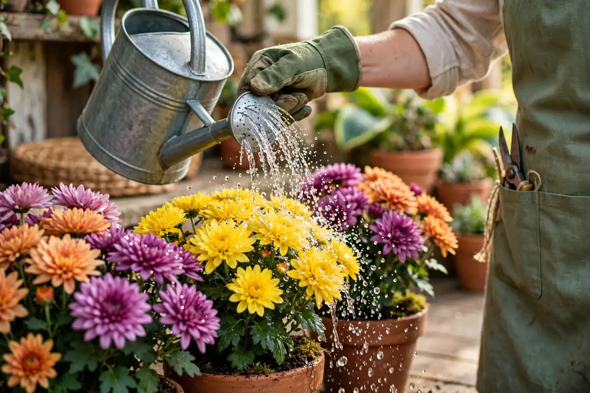 Gardener watering potted chrysanthemum mums with a watering can on a sunny porch