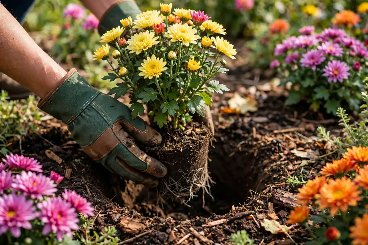 Planting a chrysanthemum mum in rich dark garden soil with compost and mulch