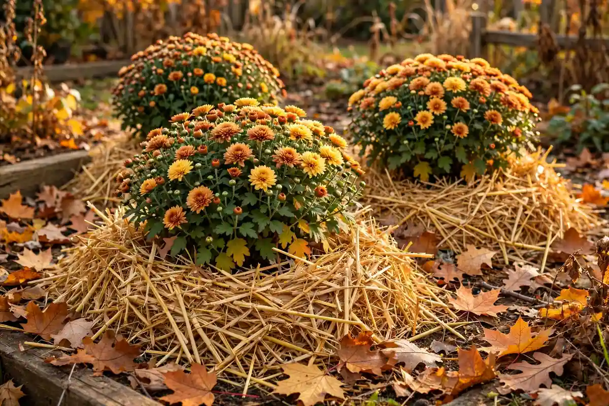 Chrysanthemum mums protected with a thick layer of straw mulch for winter in a fall garden
