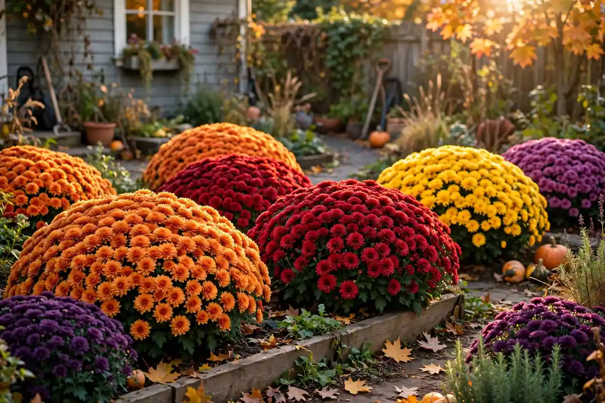 Mounds of vibrant blooming chrysanthemums in orange, red, gold, and purple glowing in autumn sunlight